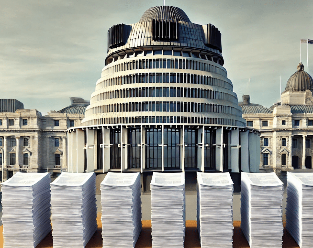 The beehive with stacks of manifestos in front of it